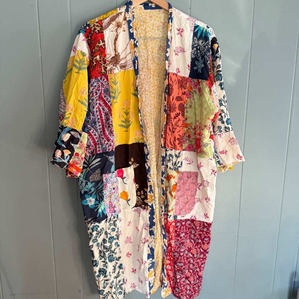 Long Patchwork Quilt Kimono Robe Duster Cotton Boho Hippie Paisley No Belt